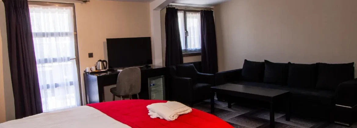 Maltepe 2000 Hotel geniş süit odada kanepeli oturma bölümü